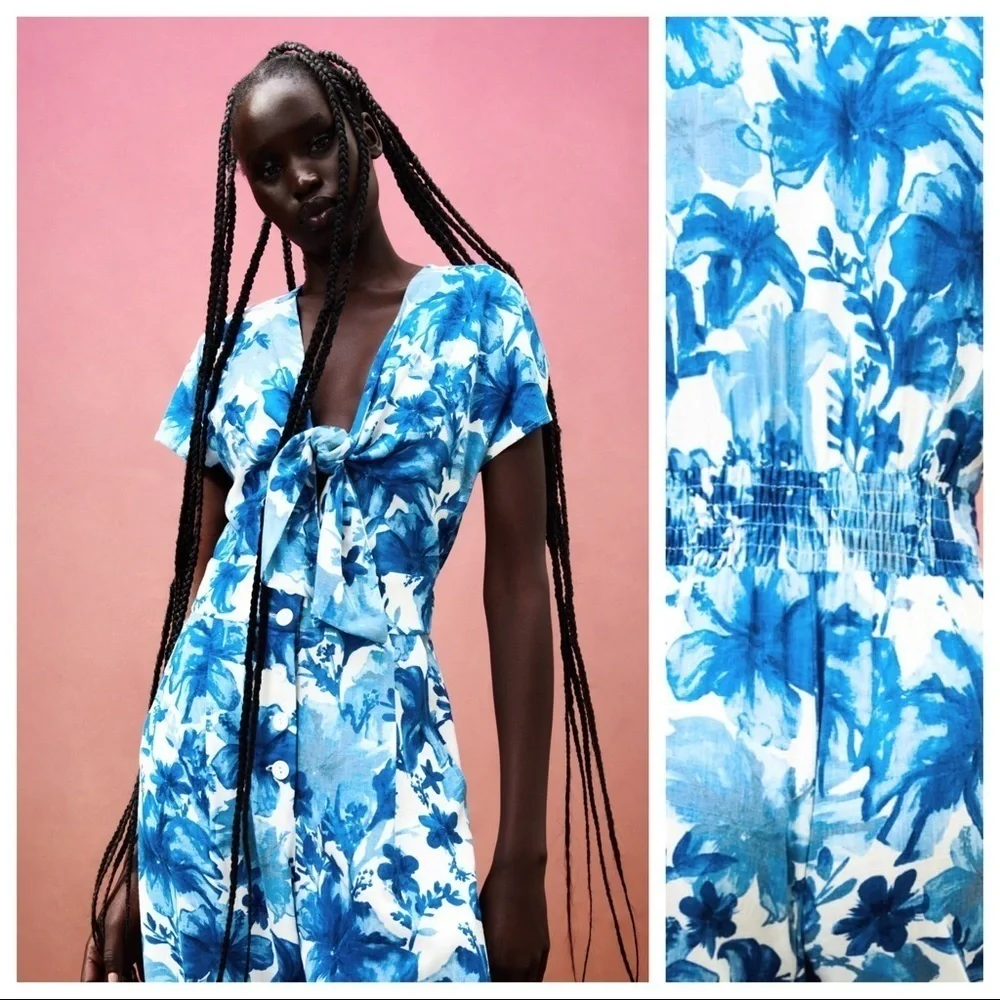 NWT. Zara Ecru/Blue Viscose/Linen Floral Print Jumpsuit. Size S.
